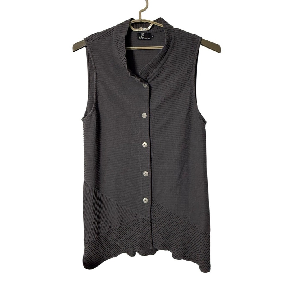 Fenini‎ Textured Long Vest Top Womens LG Gray Button Front Minimalist Lagenlook